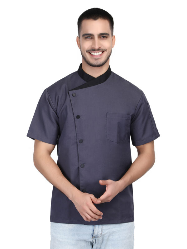 Short Sleeves Contrast Collar Unisex Stylish Chef Cook Coat Jacket